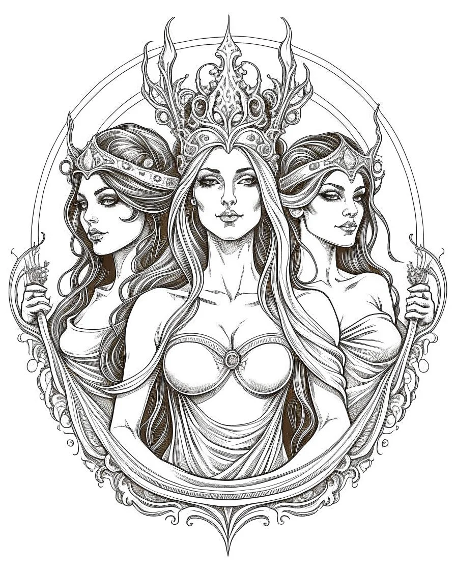 The Fates (Clotho, Lachesis, and Atropos).. realistis tatto sketch style, white background, profesional tatto sketch