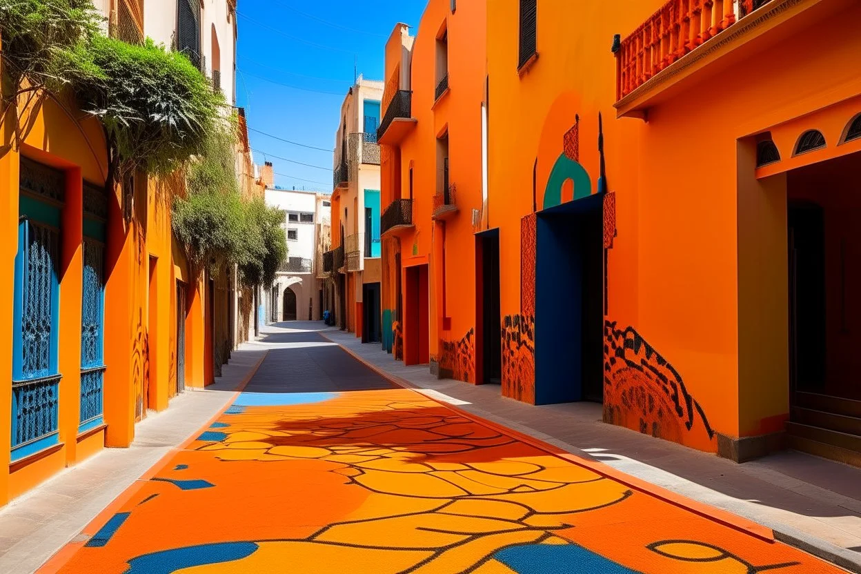 An orange colored construction zone in town designed in Moroccan rug art painted by Alexej von Jawlensky