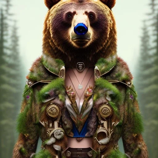 crazy detail, forest background, a bear and the upper body of grand scam sleazy lady in robes and gloves, lively eyes,hidden hands, framed by foliage, brown eyes, long hair, warm light,helmet, holding up scroll