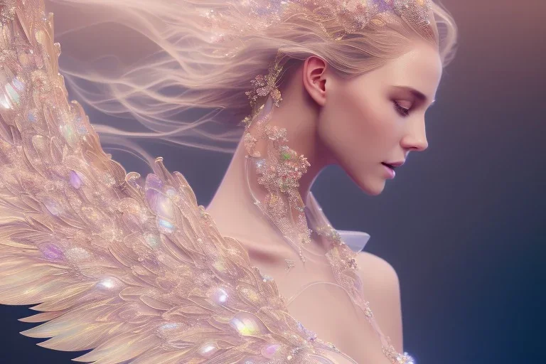 beautiful fairy very etheric, smiling, delicate colors, transparent wings, beautiful glamour dress, ultra sharp focus, 8k, unreal engine 5, extremely sharp detail, light effect, soft light atmosphere, smooth, full of details