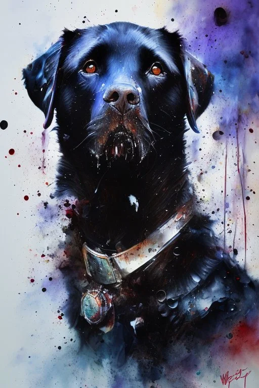 A portrait of black Labrador by Willem Haenraets, watercolor, wet on wet and splattering techniques, centered, perfect composition, abstraction, surrealism