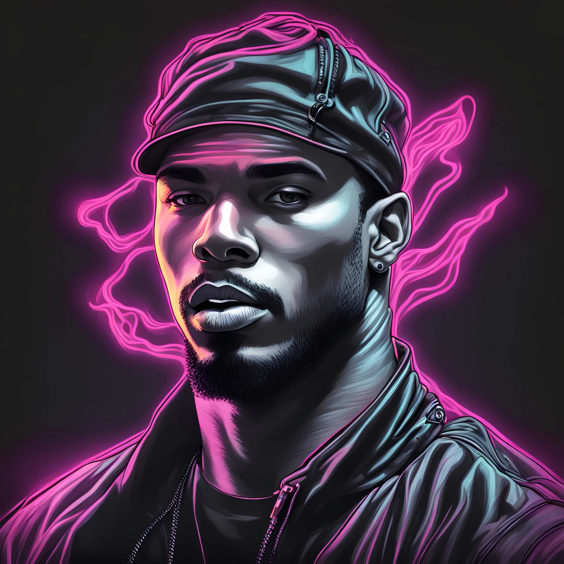 Hyper Realistic Flamed Sketch of Muscular Handsome Male Hip Hop Artist on a neon paper with dark futuristic background