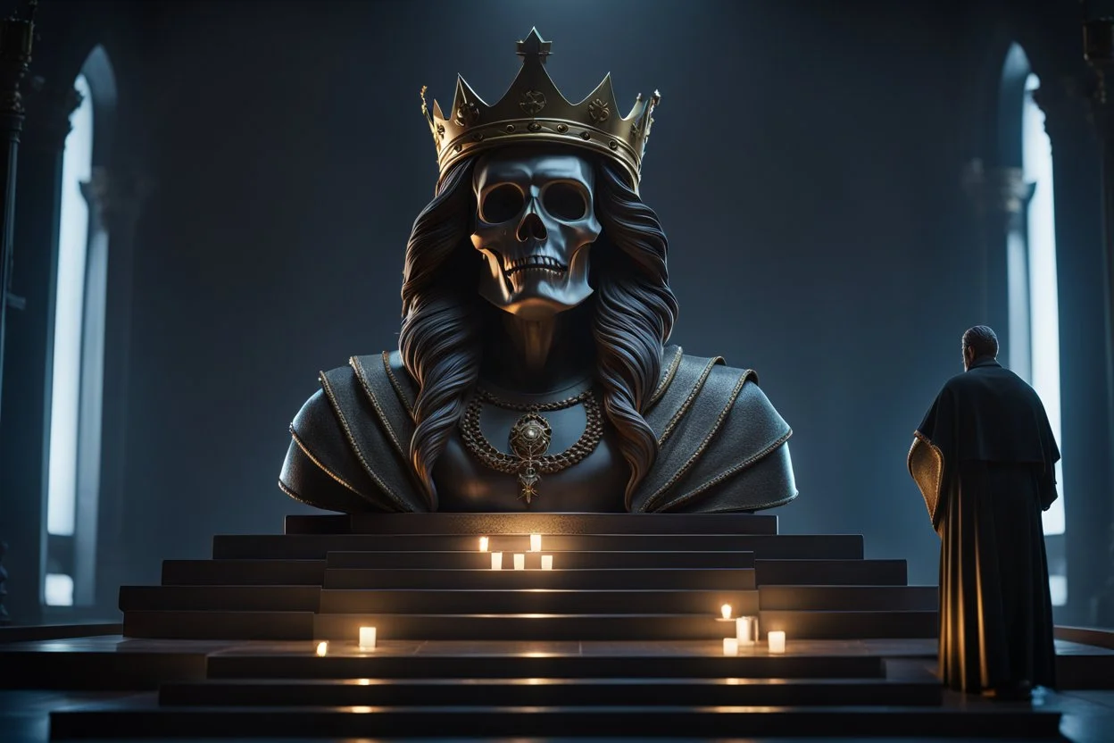 The king of death statue, Frightening, Cinematic lighting, Volumetric lighting, Epic composition, Photorealism, Bokeh blur, Very high detail, Sony Alpha α7, ISO1900, Character design, Unreal Engine, Octane render, HDR, Subsurface scattering, t