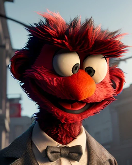 hybrid character, Elmo muppet head, realistic man body, human arms and hands, Shirt and tie, concept art, smooth, unreal engine 5, god lights, ray tracing, RTX, lumen lighting, ultra detail, volumetric lighting, 3d, finely drawn, high definition, 4k.