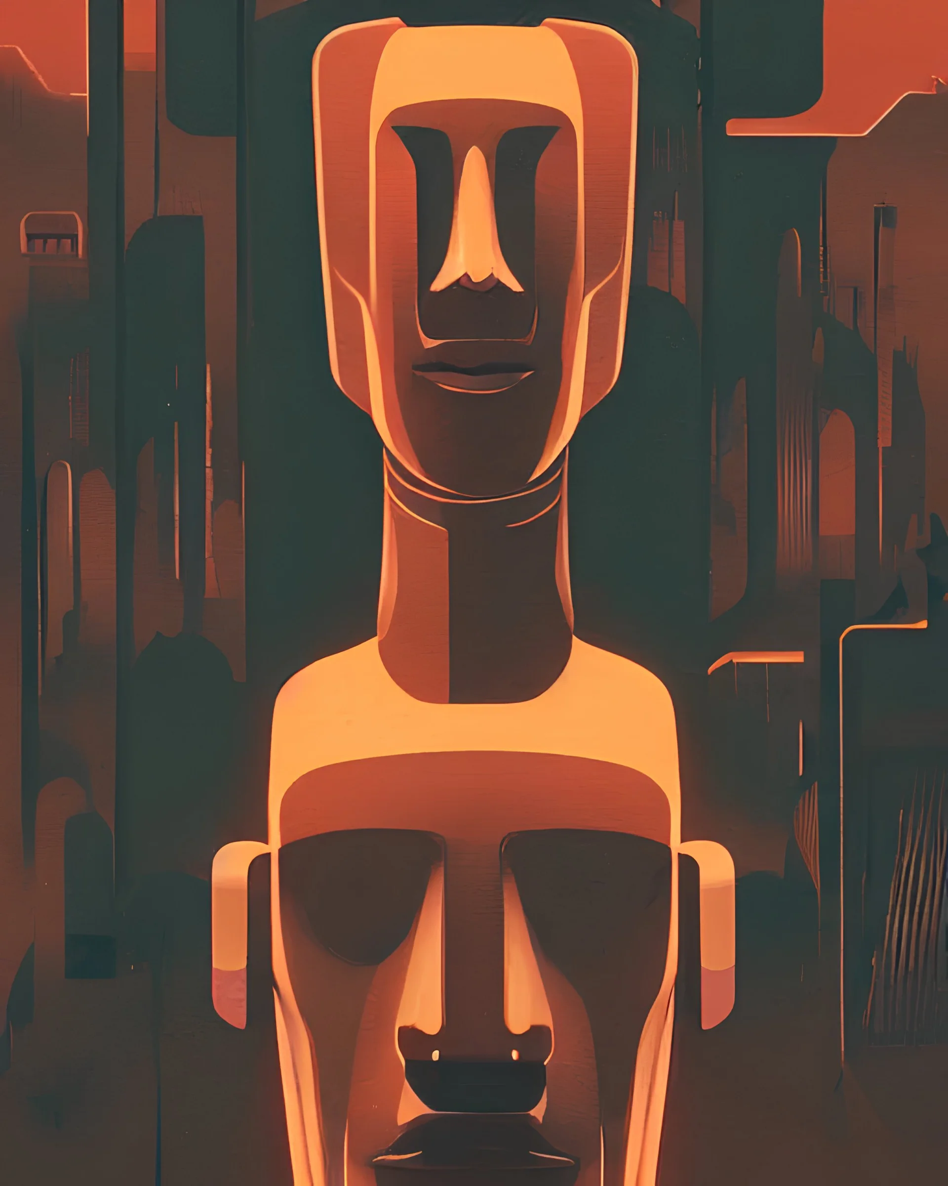 portrait of moai as a cyborg. intricate abstract. intricate artwork. by tooth wu, wlop, beeple, dan mumford. mulholland drive by david lynch, dune by david lynch, blade runner 2049 by dennis villeneuve, patrick nagel, octane render, trending on artstation, greg rutkowski very coherent symmetrical artwork. cinematic, hyper realism, high detail, octane render, 8 k, iridescent accents