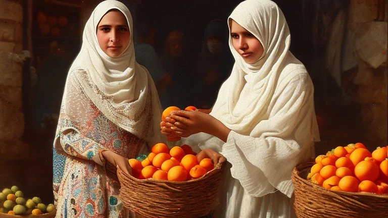 A full-length Palestinian girl wearing an embroidered dress and a white embroidered shawl buys oranges from an old seller wearing a keffiyeh in the market of Jerusalem, 100 years ago, at night with multi-colored lights reflecting on her.