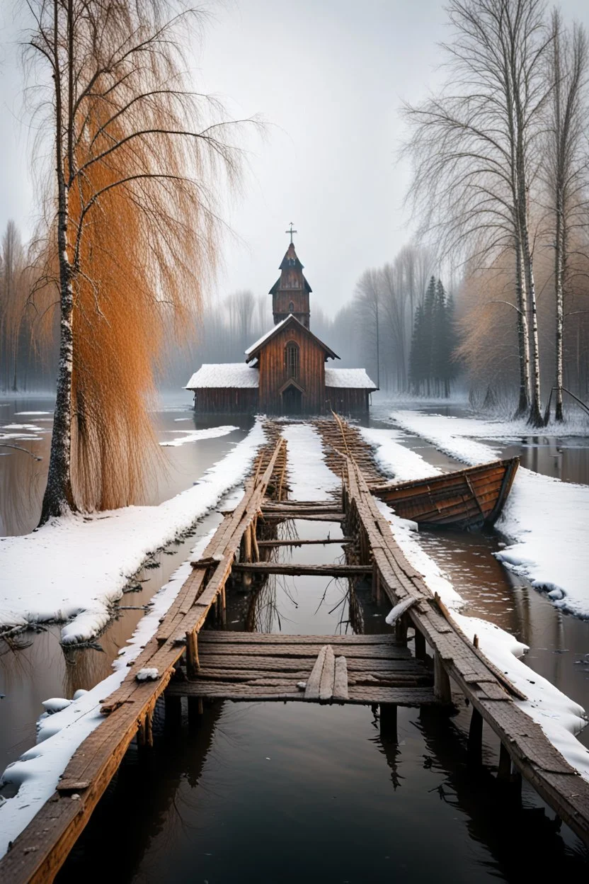 it's the beginning of winter, it's snowing lightly. 21st century. Russian countryside. Two hunters and a dog in a boat approach a completely destroyed wooden bridge over a river leading to a village, with several wooden piles sticking out of the water. A dilapidated Orthodox church stands on the right bank. High quality image in 8K format.