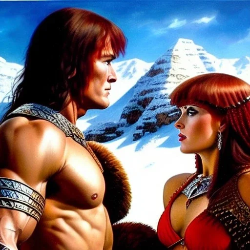 portrait of 'Conan and Red sonja',snow,mountains,horned helmet,ancient armor,painting by Earl Norem, simon Bisley,frazetta evan lee, Vallejo,kelly oil on canvas, cinematic composition, extreme detail,fit full head inside picture,8k