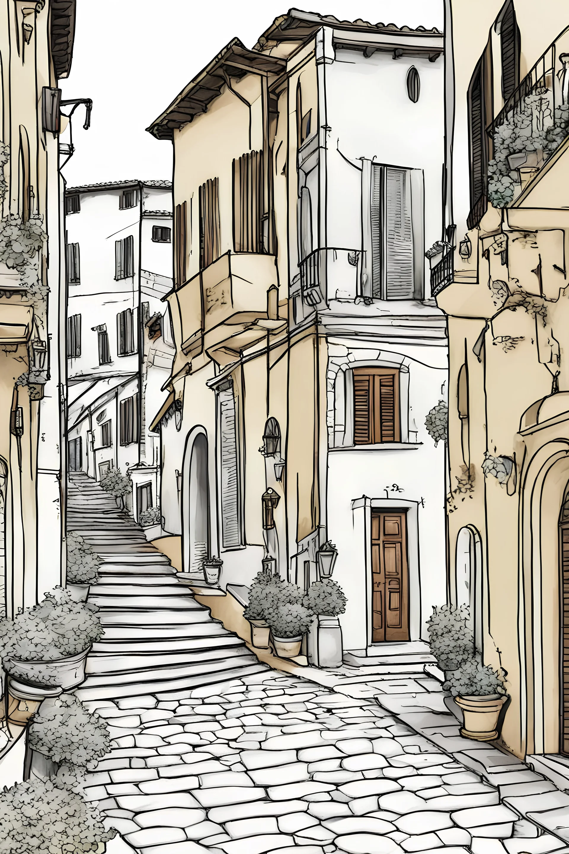 imagine prompt coloring page , iCreate an image showcasing the vibrant and streets of toscana . Include the unique architectural features and lively atmosphere of the city. Convey the joy and liveliness of wandering through the streets of this Italian city without people." a white background, 9:11