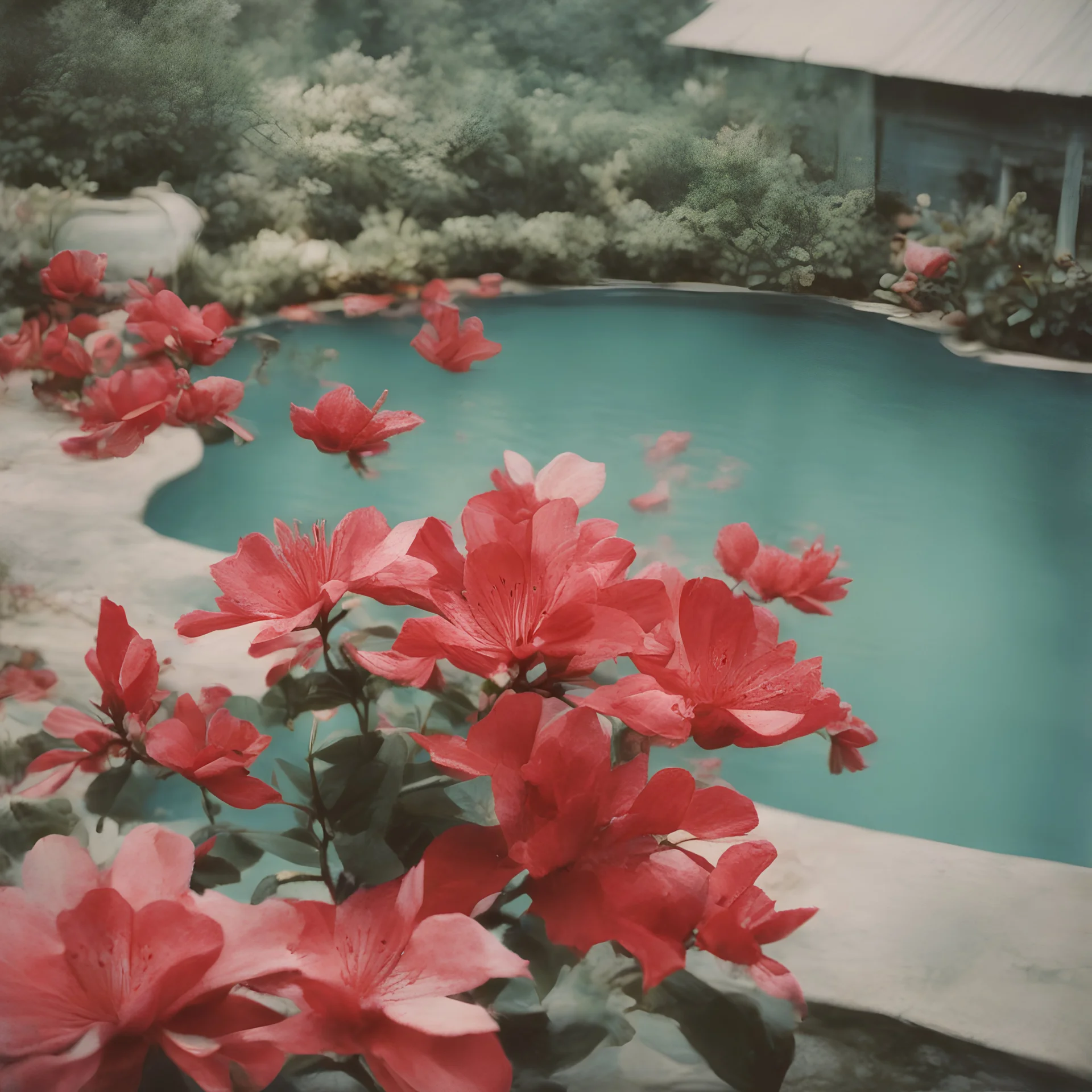 red Azalea in a swimming pool, autochrome