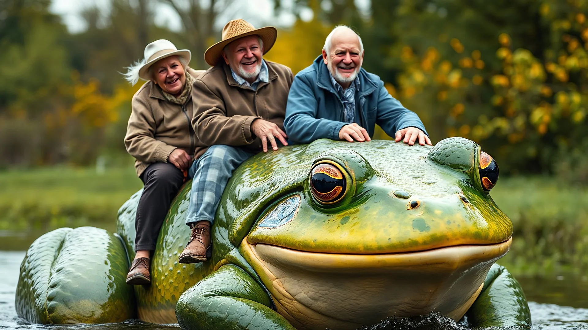 Elderly pensioners riding an enormous frog. Everyone is happy. Photographic quality and detail, award-winning image, beautiful composition.