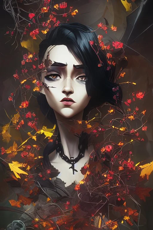 abstract creation of a beautiful girl with black curly hair, surrounded by black roses, thick metal chain broken, glass petals on the ground, autumn colours,dried out thorn bush, chaos,