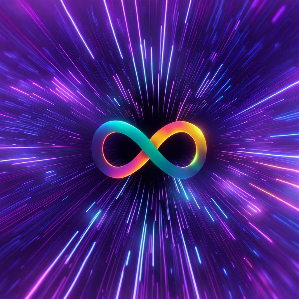 infinity symbol ∞ travelling at high velocity warp speed, in space, striking, neon, chiaroscuro, dramatic, captivating, powerful, fantasy, beautiful, octane render, 16k post-production, artstation: award-winning: atmospheric: commanding: fantastical: clarity: ultra quality: striking: brilliance: stunning colors: amazing depth; lens: f/11, 35mm