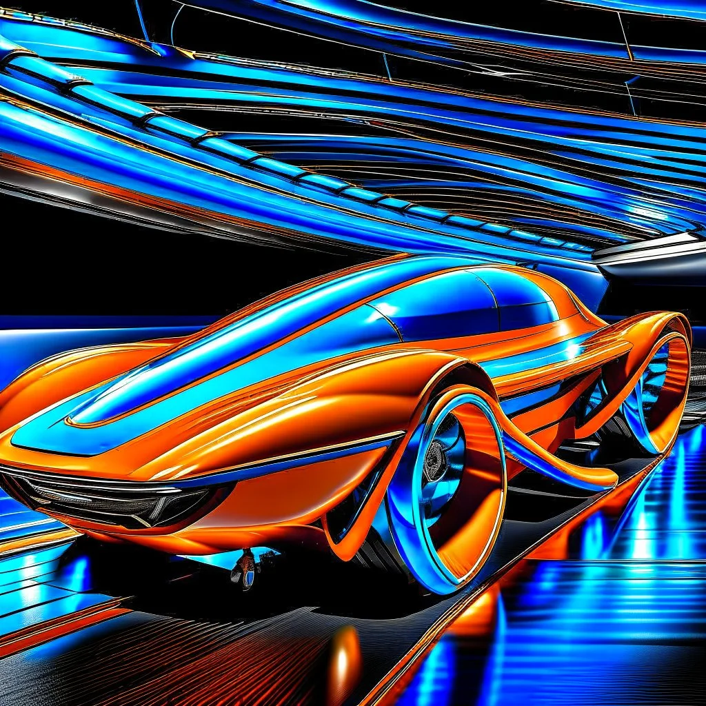 award winning car and driver photograph of a futuristic station wagon designed by only one vehicle per image painted metallic orange traveling at a high rate of speed, jet intake off of front center of vehicle and jet exhaust out the rear with bright blue flame, bilaterally symetrical, more a high speed road vehicle