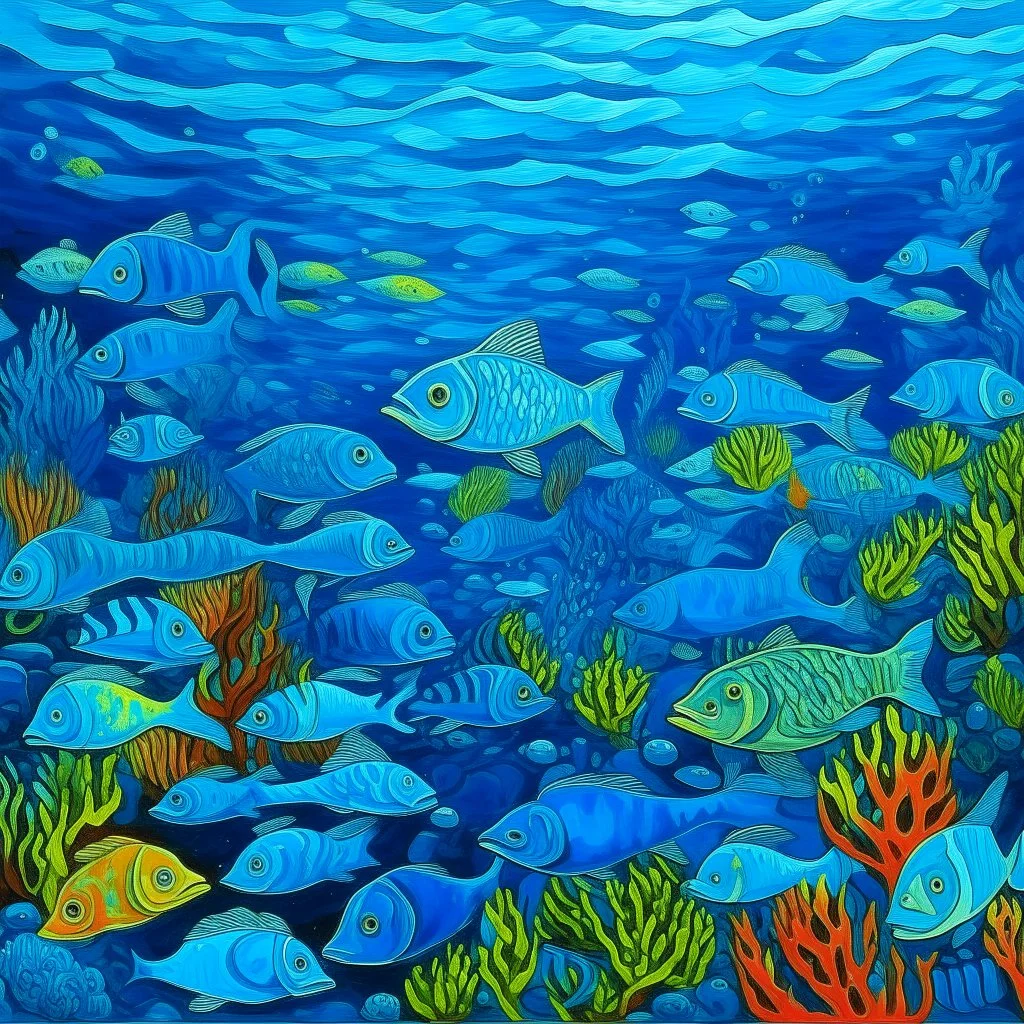 A blue underwater reef with poisonous fish painted by Vincent van Gogh