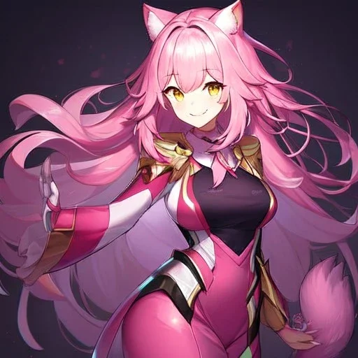 Clear focus,High resolution,High quality, Smiling, Pink long fluffy hair, Pink cat ears, Yellow eyes, Wearing a pink mech uniform,