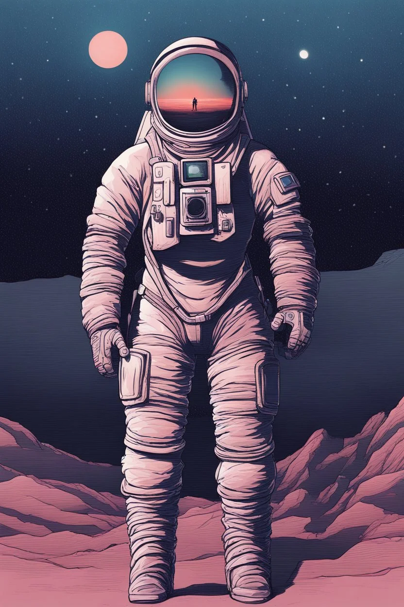 [scifi, spacesuit man] Who was I? Where was I?… The landscape was totally unknown to me, even my body was unfamiliar. What forces brought me here? I searched my mind for memories… There was something there, but it was too clouded… A name… I scanned the horizon. A distant structure rose out of the mists. As evening approached I came upon an enigmatic oasis with a fountain.