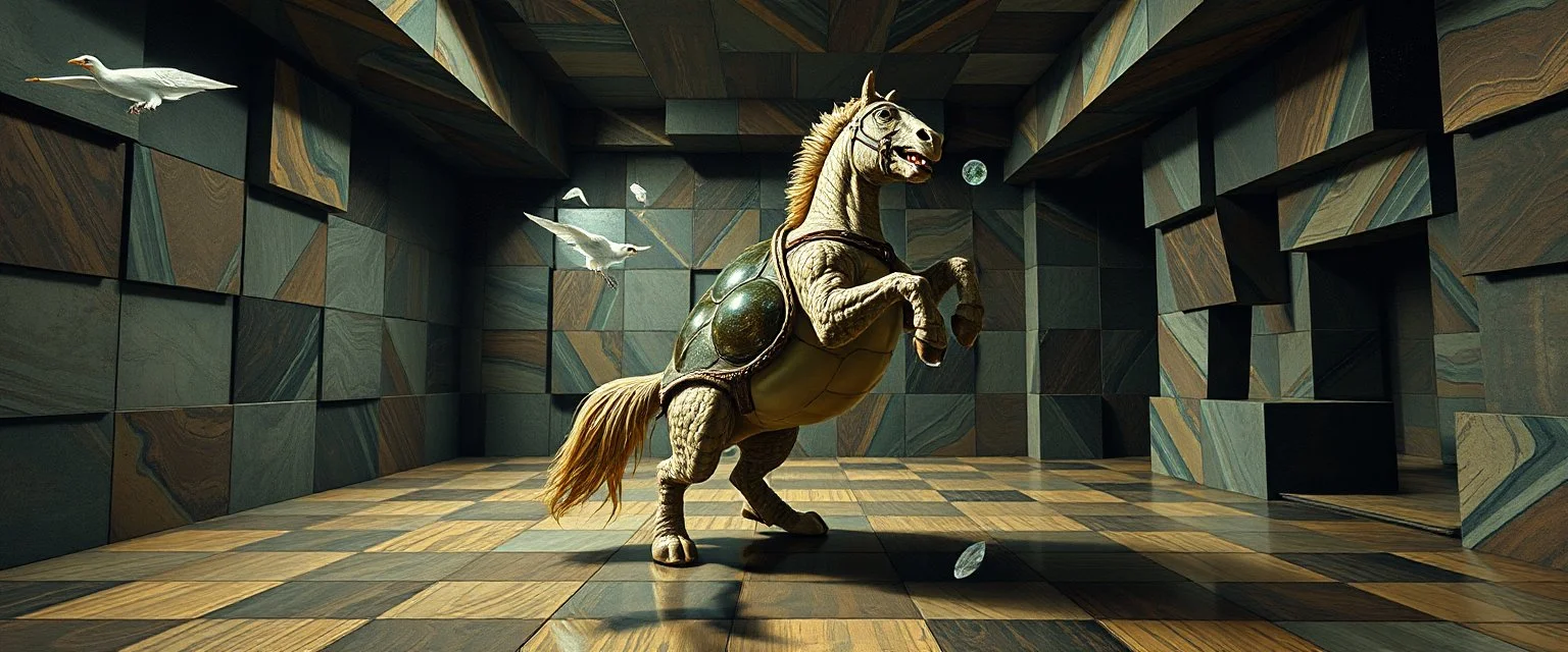 pin hole cam , master oil painting by Rembrandt, volume fog reflective marble madness opera jumping turtle horse character portrait, a living bowling marble halls with slightly tilted floor in a twisted block maze, scenery from the game "marble madness", crystal birds, the floor betrays, the walls collide