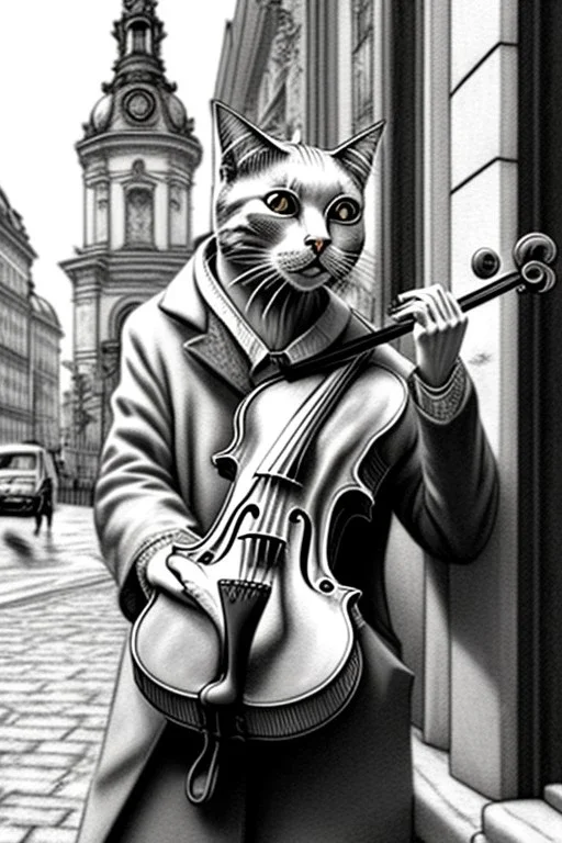 One single mature cat playing violin on the street, Vienna,thoughtful, mourning, model style, hyper realistic, extremely accurate, delicate, extremely detailed, Graphic novel style, wide-angle, open aperture, superfine pencil