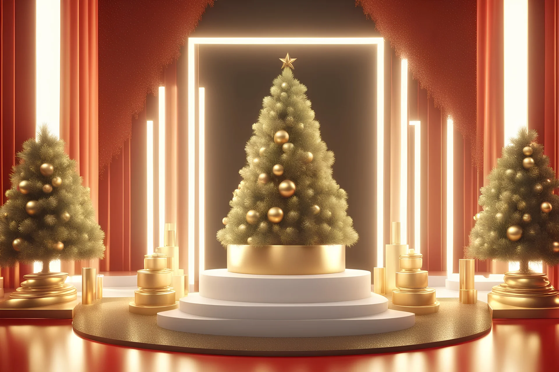 (ivory, black, gold, green, red) Cyberpunk Christmas 3D illustration of 3D Render of gold photoframe and podiums. Roman podium white for cosmetic product on background of a New Year tree, a beautiful New Year background, smooth 3d digital art, exquisite thee-dimensional rendering, 4K, blender, c4d, octane render , disney style 3d light, Zbrush sculpt, concept art, Zbrush high detail, pinterest Creature Zbrush HD sculpt, neutral lighting, 8k detail., Cyberpunk glow glowing gifts and New Year