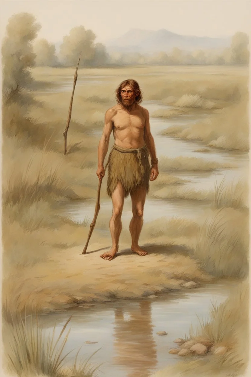 [Homo sapiens, Neanderthal] A solid man nomadic hunter-gatherer with a Palaeolithic weapon around a pond