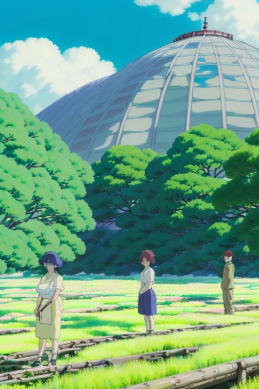 "An inspiring final shot of the revitalized biodome, where the once blighted trees now tower, flourishing and radiant. Yui, Toshi, and a group of Oxygen Farmers stand in the foreground, their faces filled with joy and relief as they look on at their reborn sanctuary.