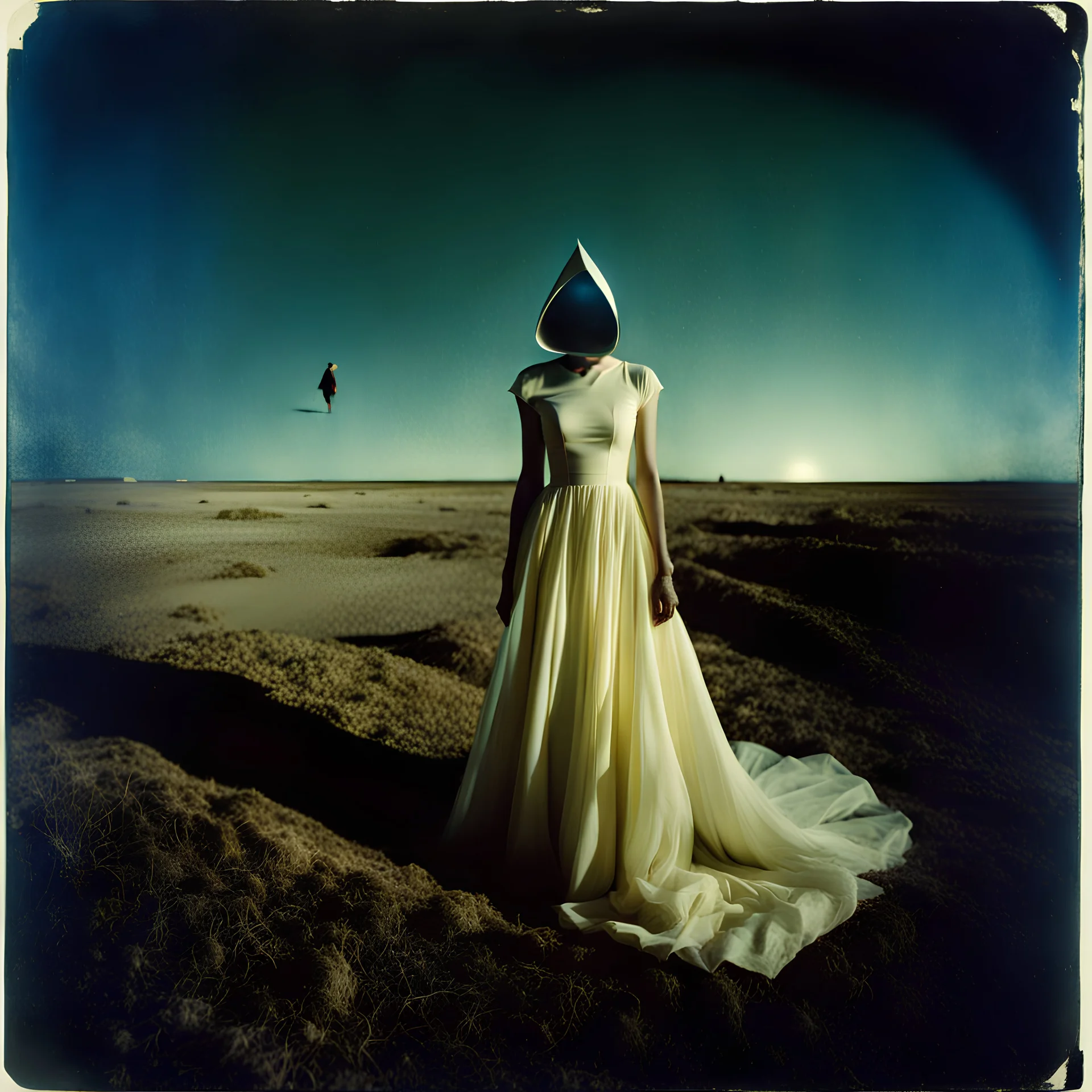 Photorealistic polaroid nothingness and distress, void, wasteland night Max Ernst, obsessive, hypnotic, Hieronymus Bosch, Yves Tanguy, volumetric light, shot on Hasselblad, movie shot, absurd, details of the dress accentuated, odd nightmare, hypermaximalist