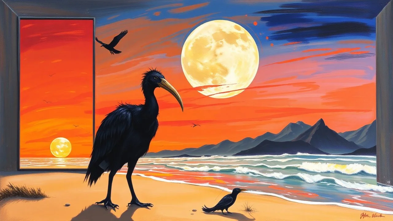 This is a painting by artist John W. Wink, depicting a surreal scene. A large, open frame reveals a vivid sunset with a red-orange sky, a large full moon, and a bird in flight. The foreground features a dark, feathered creature with an elongated beak, standing on a sandy beach with rolling waves and distant mountains. The painting style is impressionistic with bold, expressive brushstrokes.