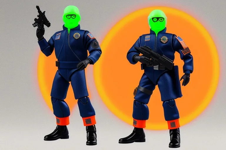 Mike Pence G.I. Joe toy figure With a pistol And jetpack space force Blue fabric uniform, fluorescent orange, black Moonboots, Green pricetag