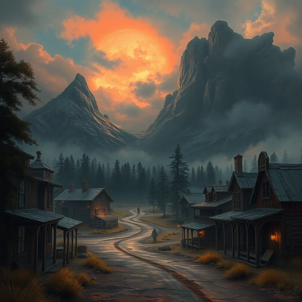 the western town called High Noon Hollow with gloomy skies fantasy art