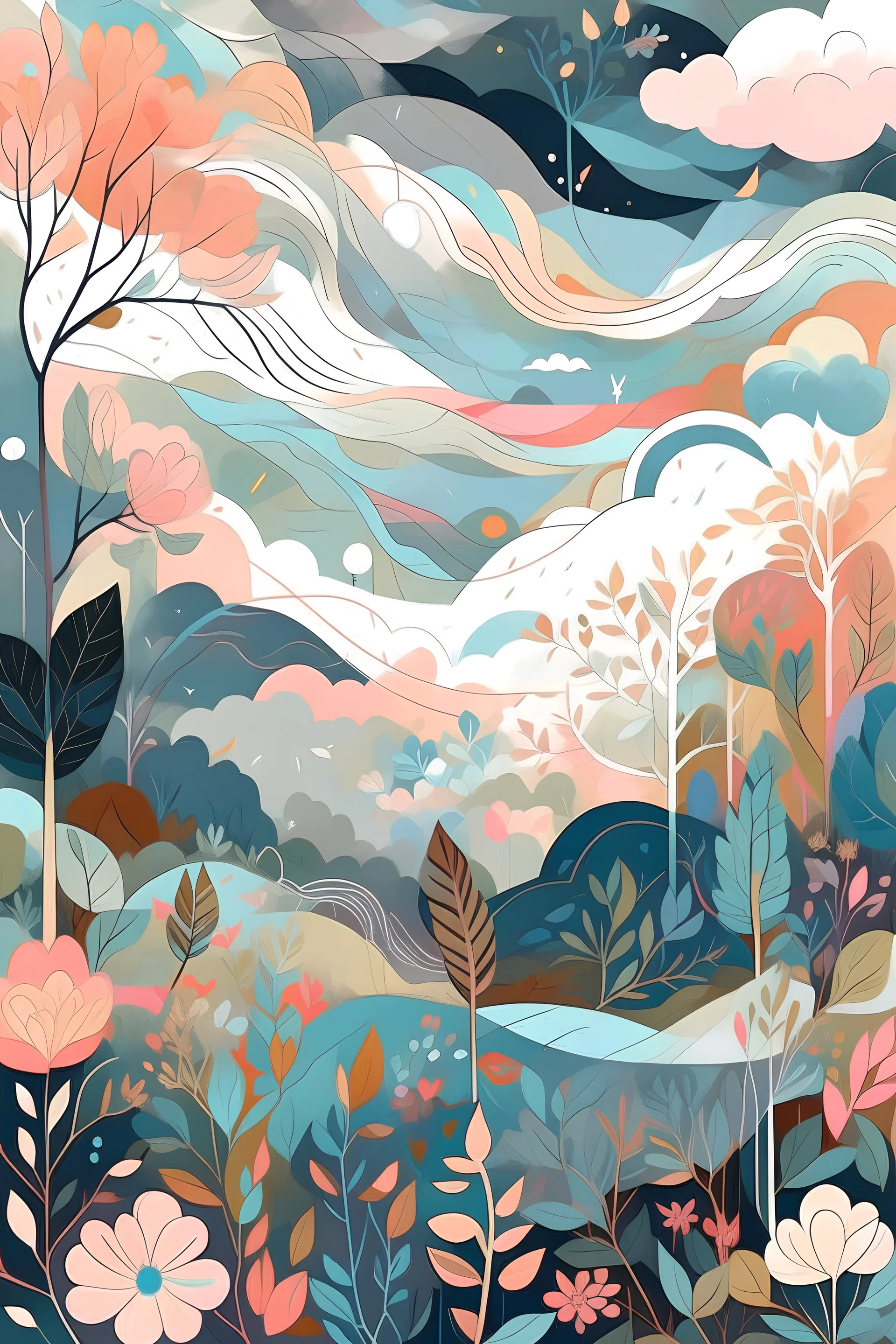 a background with abstract shapes and plants, seasons!! : 🌸 and leaf, featured on artstattion, background full of stormy clouds, by Olivia Peguero, infographic and marginalia, ultradetailed mural, interconnections, trending on artstation, feminine in pastel shades, background design