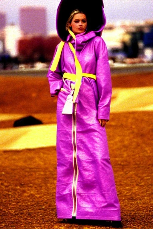 late 1990's women street fashion. Light dress with integrated bags and with new kind of hood with tippet that continues downwards too! horizontal zipper reveals belly. recycled denim straight, Pike fish, huge vulgarism, -print.lilac, plum, orange, terracotta, red, light yellow, lion yellow, pink, dark blue, beige. wide belt. Partly latex or leather.Tyra Banks.Missy Elliot,Jennifer Lopez.Karjalainen kuvio,Karjala pattern tradition