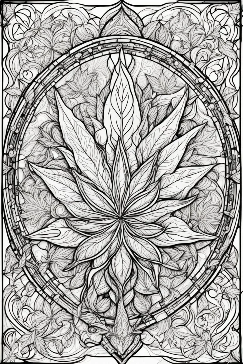 outline art for stoners coloring pages with A very simple stained glass style design featuring swirling smoke patterns and intricate cannabis leaf details., white background, sketch style, fully body, only use outline, mandala style, clean line art, white background, no shadows and clear and well outlined