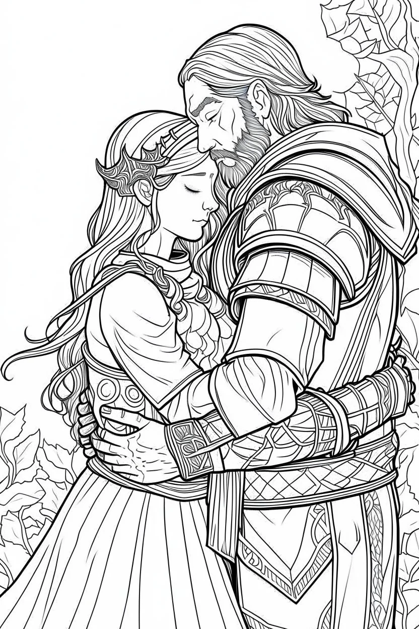 Fantasy coloring page, minimal detail. HD. Woman hugging a male knight with a beard. No background detail.