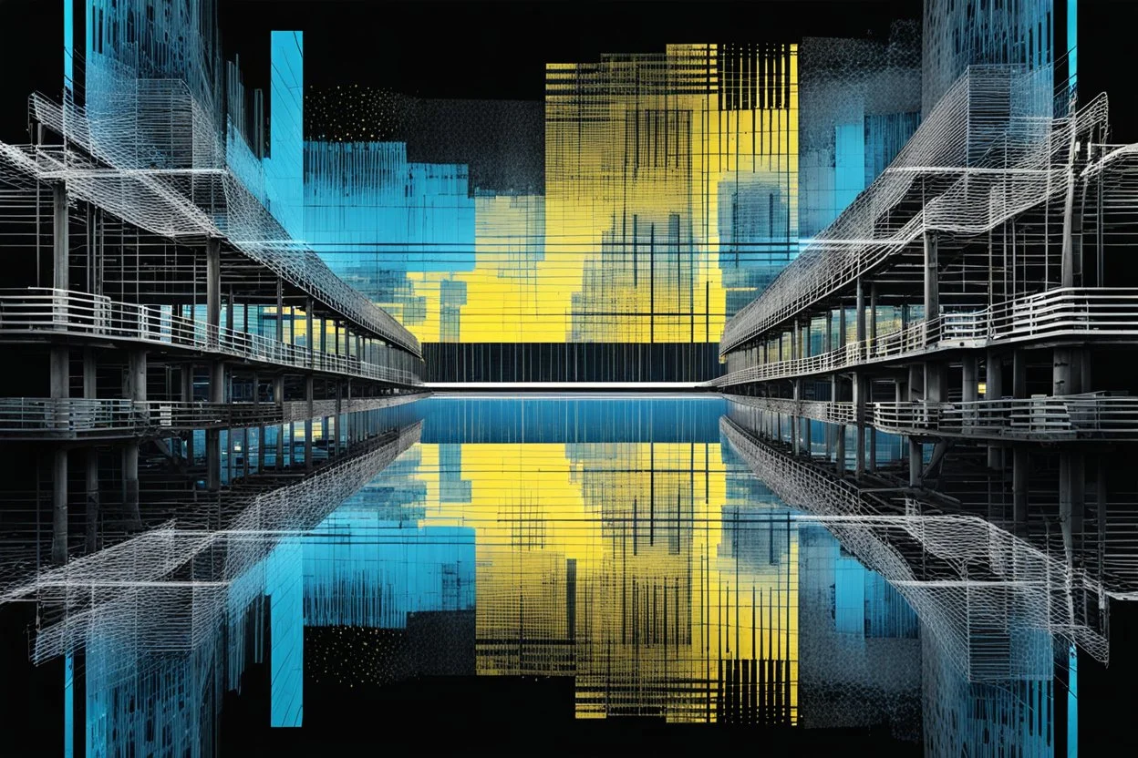 Double exposure transparent glich picture silhouette of a building, bridges, white noise, distorted, abstract patterns, glitch art with distorted shapes, optical illusion, gray-yellow and blue gradient effect, rhythmic noise particles. Grain scored texture. Black background.