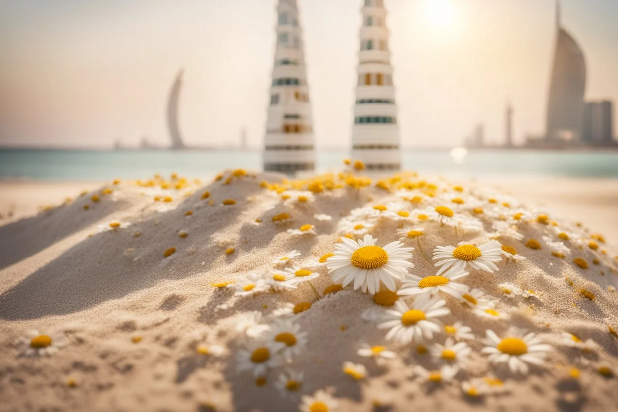 Burj al arab made of daisy flowers in the sand in the sunshine, ethereal, cinematic postprocessing, bokeh, dof