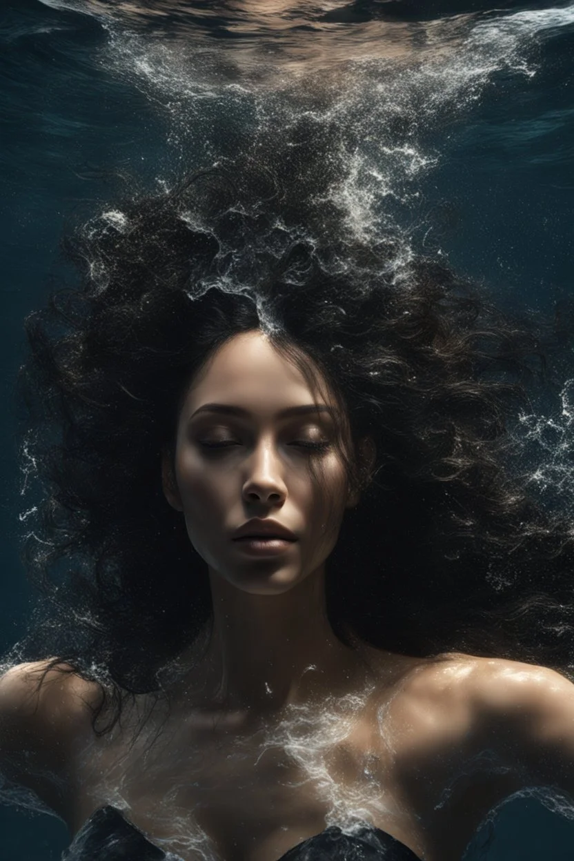 a beautiful woman, long curly black hair,closed eyes,coming from beneath the water,braking the surface with her face just coming out the water,looking up symbolism for breaking free. realistic,8k quality, action close shot from areal view,highly detailed , chaos 80