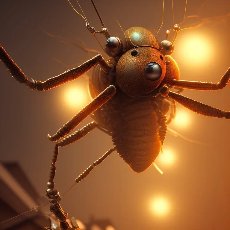 close-up of a insect in a low-light city street with laterns, realistic, steampunk, 3d-art, futuristic, minimal design