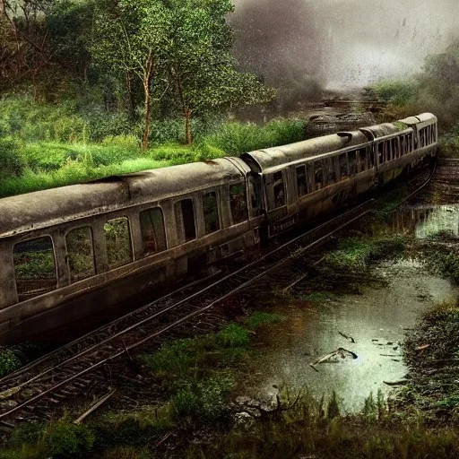 an abandoned train overgrown by nature with large puddles of water flooding part of train tracks, 8k resolution, high-quality, fine-detail, intricate, digital art, detailed matte, volumetric lighting, illustration, 3D octane render, brian froud, howard lyon, selina french, anna dittmann, annie stokes, lisa parker, greg rutowski