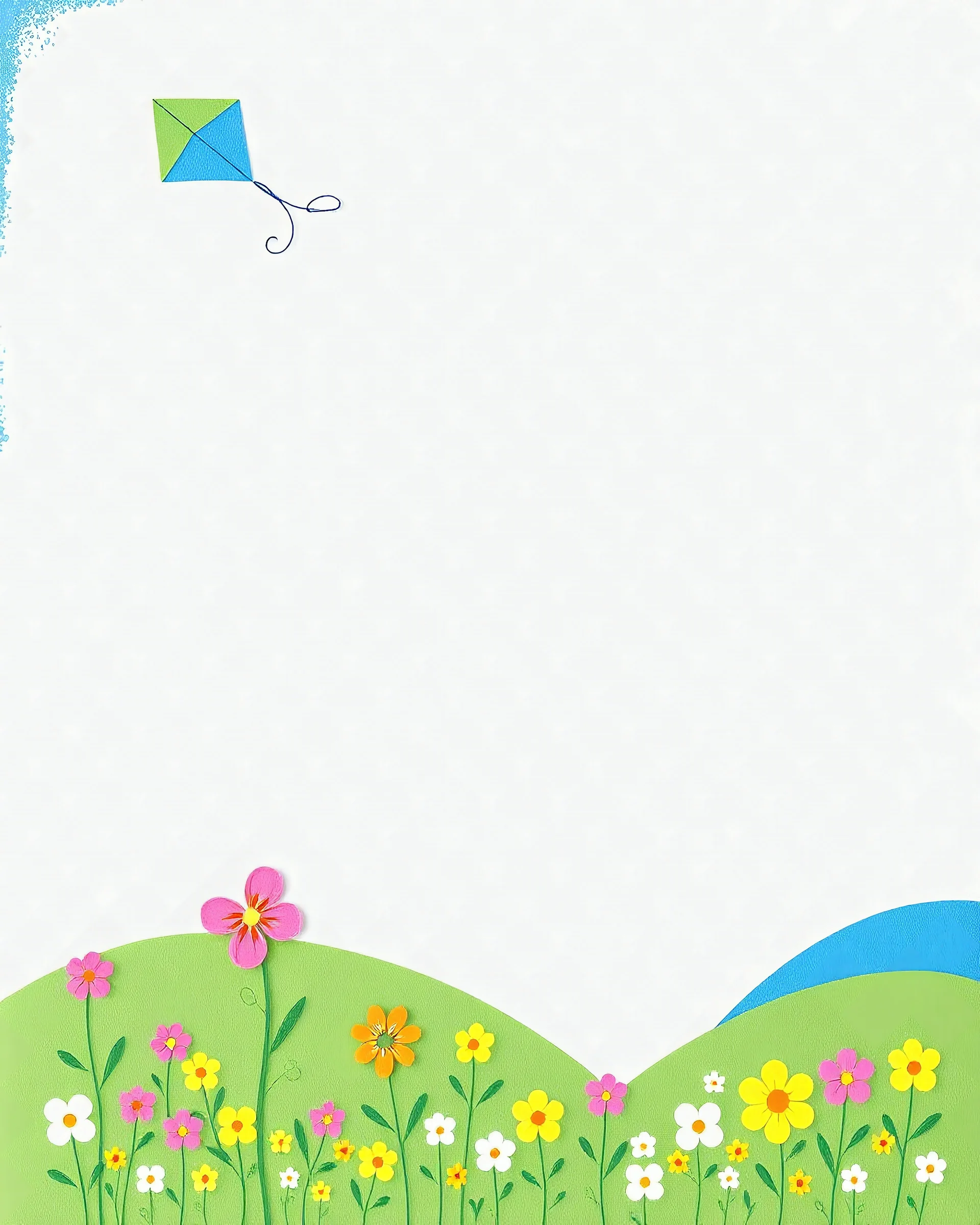 A blue, yellow, and green design with some small flowers and butterflies at the bottom of the image and a kite at the top left for a girls' nursery.
