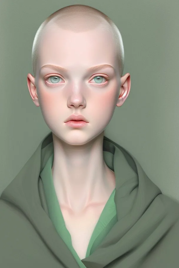 full length colour drawing, portrait, 22-year old friendly female human cleric, shaved head, light eyebrows, grey eyes, wearing white (10%) and dark green (80%)