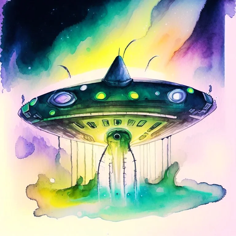 Make an Alien spaceship beaming, watercolour painting