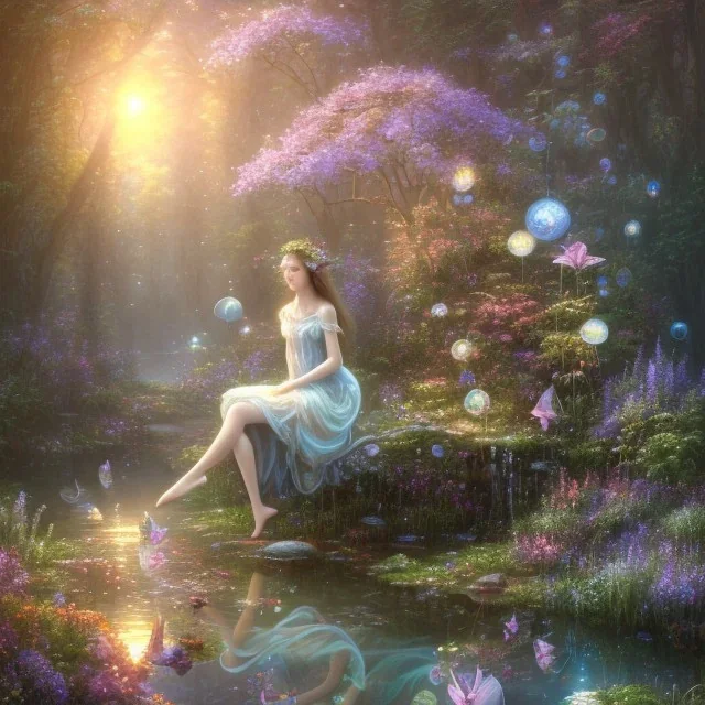 high-quality, fine-detail beautiful, stunning fairy sitting beside a clear, reflective lake, flowers, butterflies, small globes of iridescent light, tranquil, gorgeous, 8k resolution, 3D octane render, intricate, digital art, detailed matte, volumetric lighting, George Grie, Anne Dittman, Anne Stokes, Lisa Parker, Selina French,