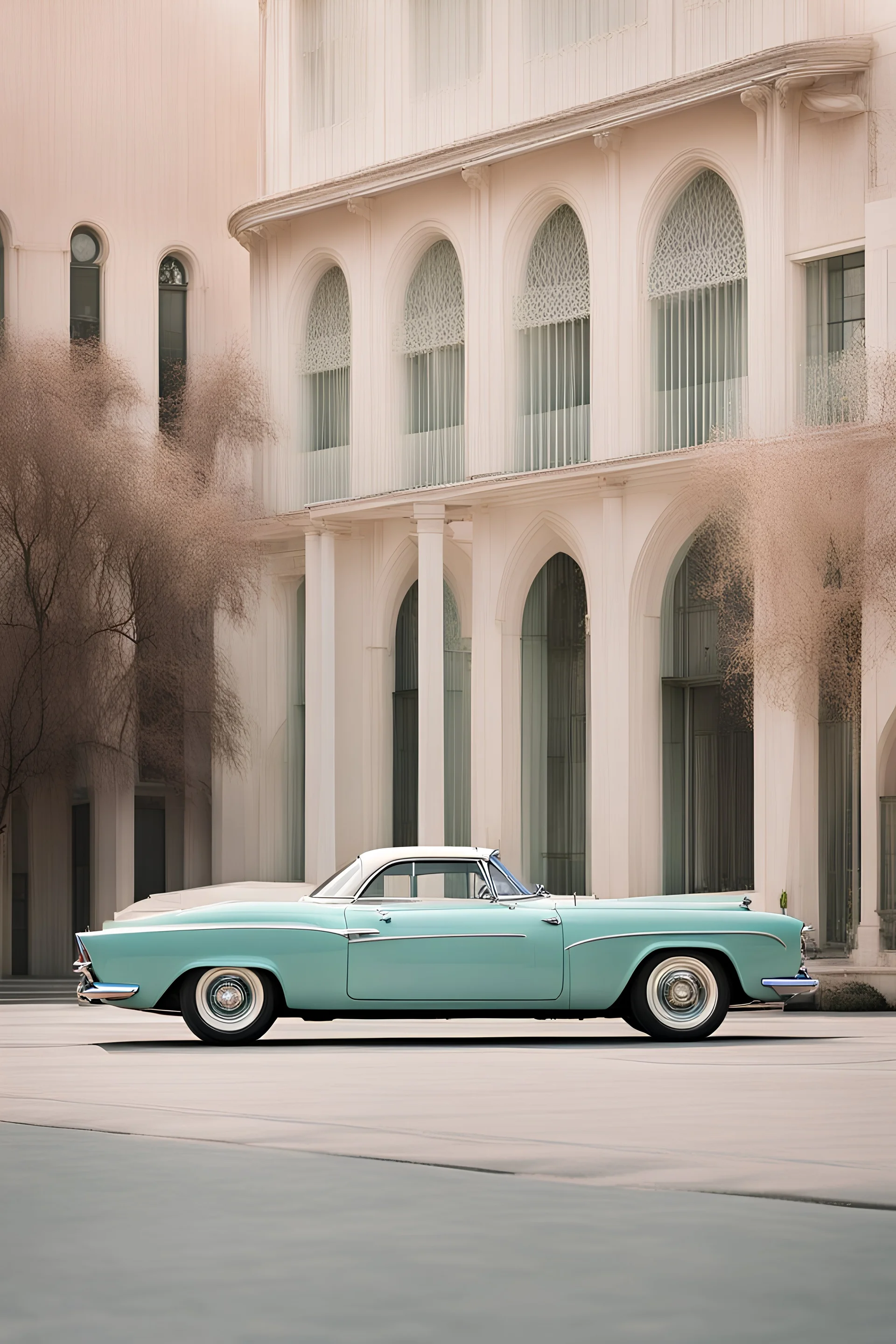 1967. vintage car. Soft colors. architecture. Perfect details. Minimalist design.