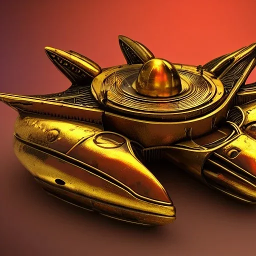 ornate starship made of brass, damaged and on fire, in space