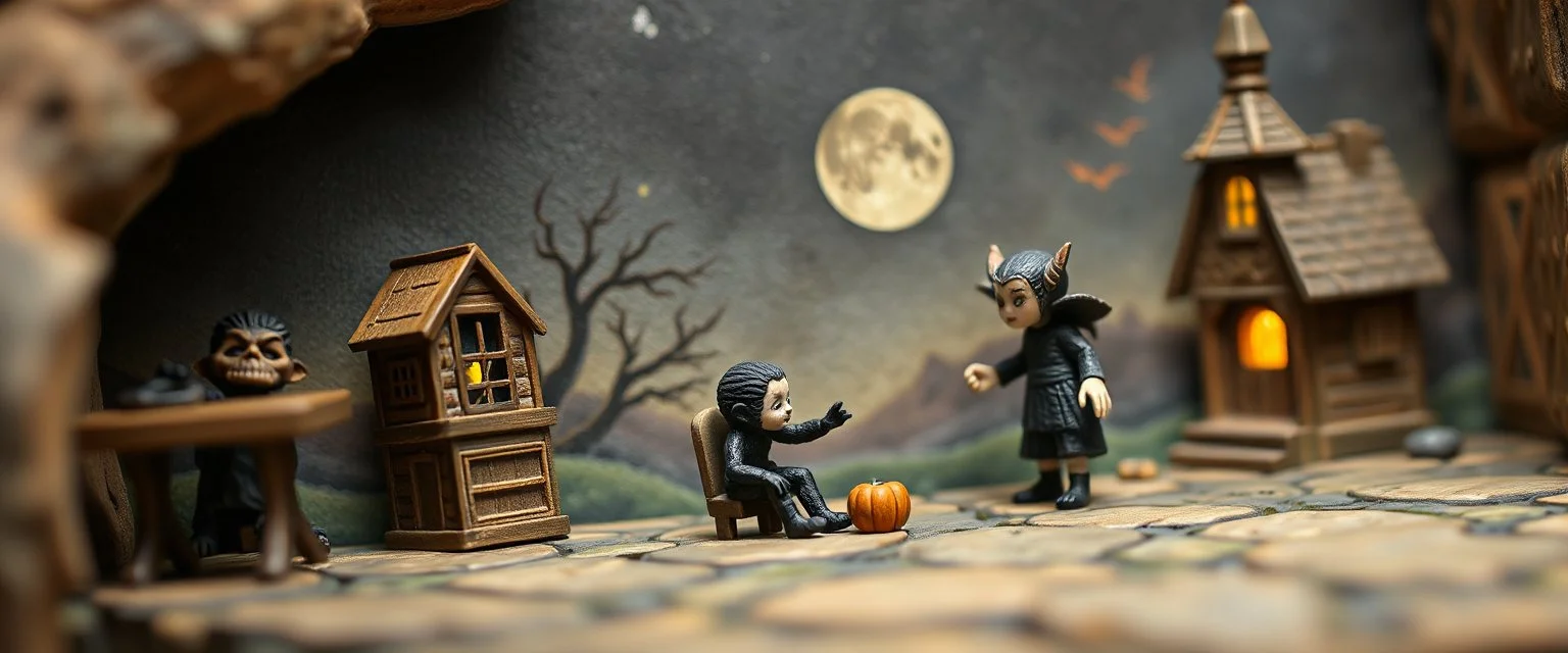 pin hole picture, miniatures on fake scene,master oil painting by Rembrandt, good afternoon disney bitch scary stone age vampire, stupid doll trying to explain something weird