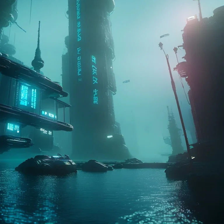 underwater futuristic city , the city is abandoned and the water is murky and dark