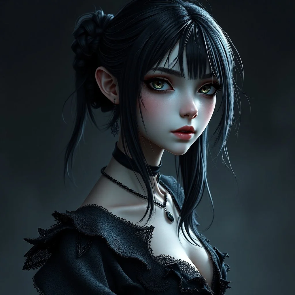 a pretty girl, skinny, dark hair, gothic clothes, dark fantasy, pale, stylised, unreal engine