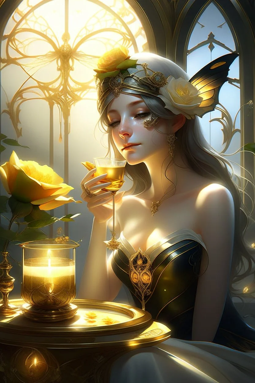 digital painting, unreal engine, blender art by artgerm, Greg Rutkowski and Alphonse mucha, a BLACK rose lies on the table, a golden butterfly on a candle, sadi sees a mirror with a spider web, white radiance, symmetry, super detail, hyper realistic, festive dream