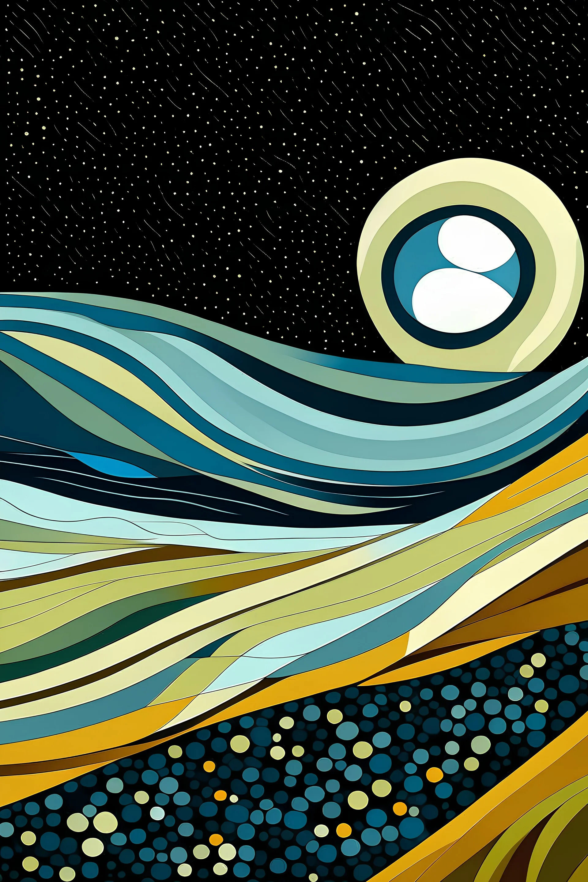 plano detalle del ojo de una vaca saltando en la llanura pampeana argentina bajo una luna brillante al estilo de Juan Gris
